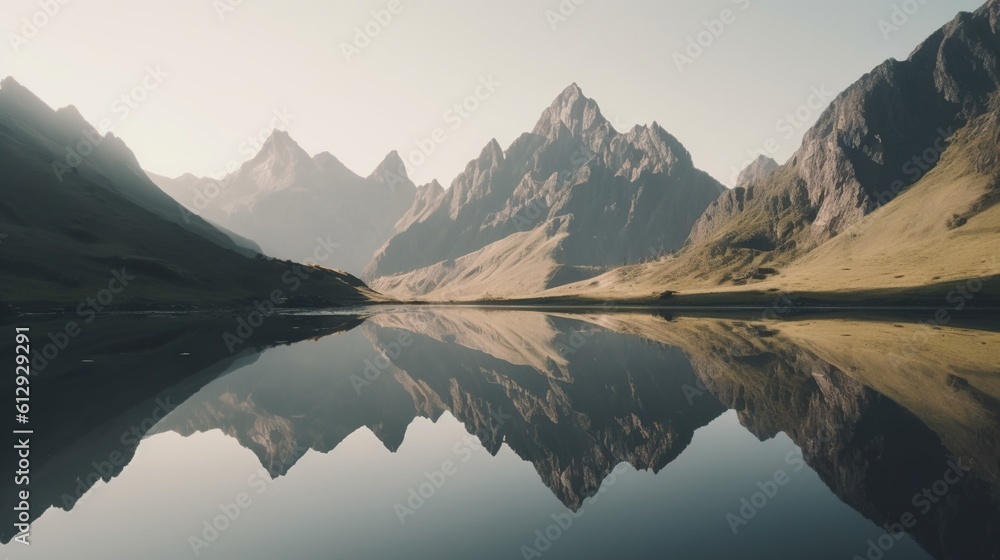 Poster a mountain range with a lake in the foreground and mountains in the background. generative ai