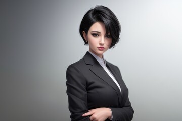 Portrait of young business woman dressed in black fashion jacket on grey background. Beautiful sexy lady with short black hair and in business suit with white blouse poses for picture. Generative AI