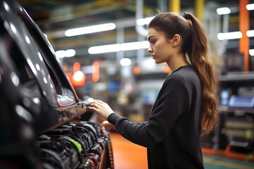 Woman car factory worker. Created with AI.