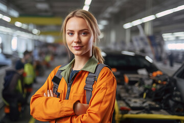 Woman car factory worker. Created with AI.