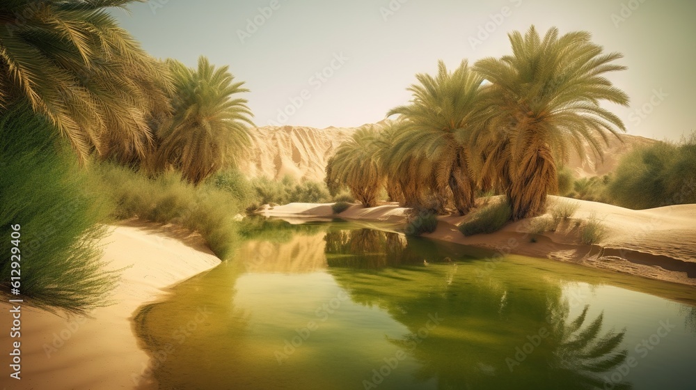 Poster a river surrounded by palm trees in a desert area with water. generative ai