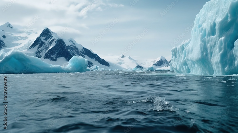 Poster a large iceberg floating in the middle of a body of water. generative ai