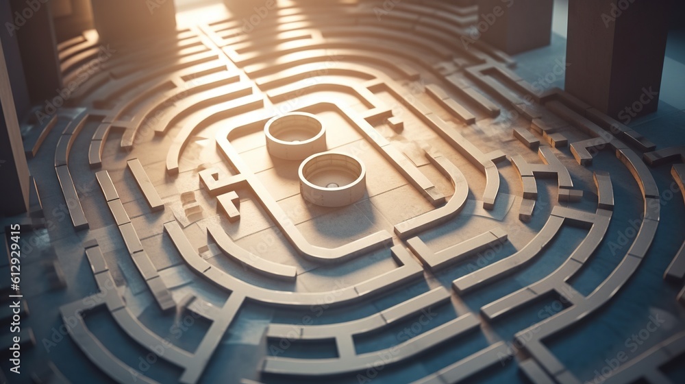 Poster a maze with a cup in the middle of it and sunlight coming through. generative ai