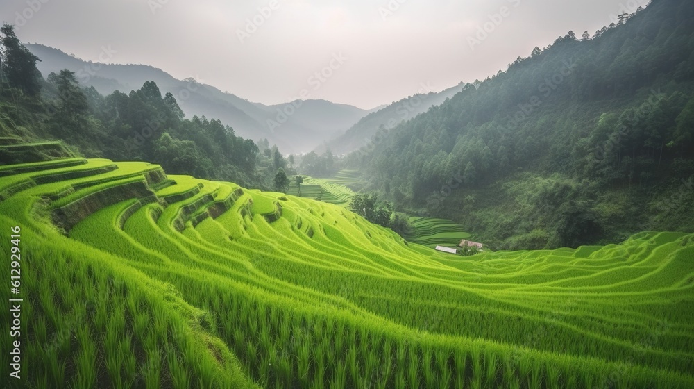 Poster a lush green field with a house in the middle of it. generative ai