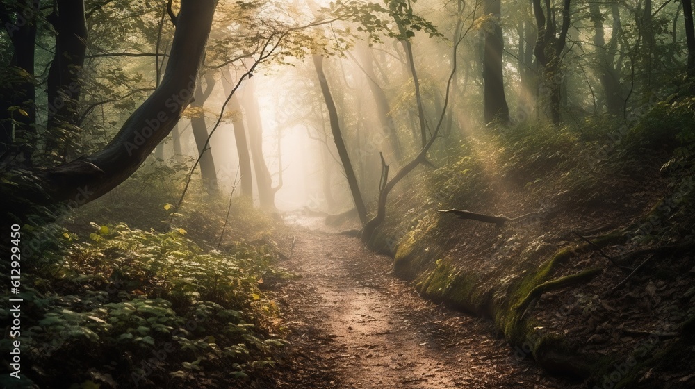 Poster a path in a forest with sun shining through the trees. generative ai