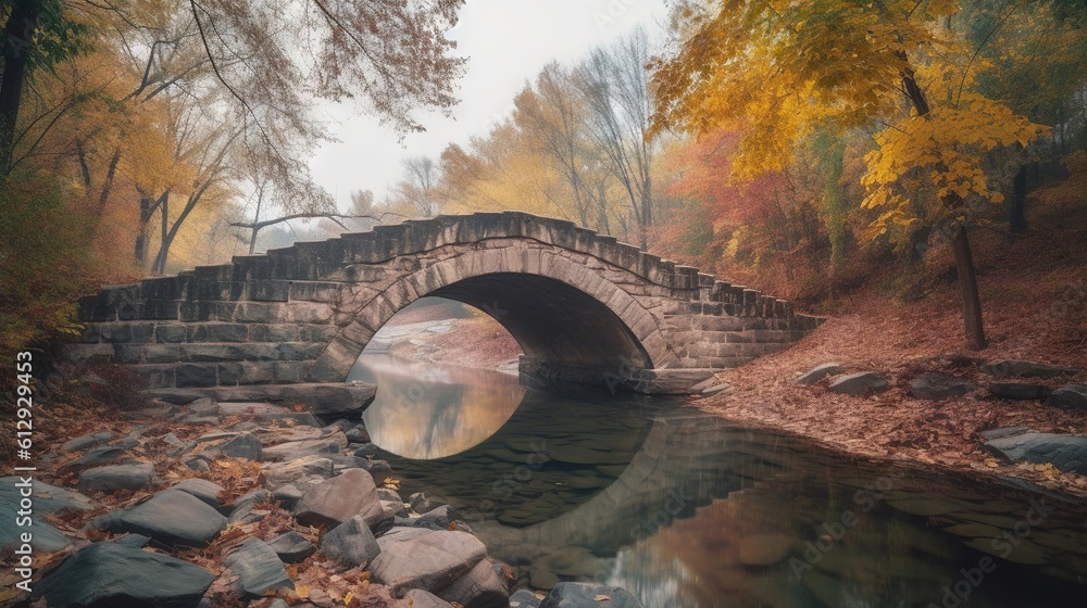 Poster a stone bridge over a river surrounded by trees and rocks. generative ai