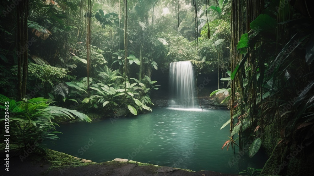 Aufkleber a waterfall in the middle of a jungle with a pool of water. generative ai