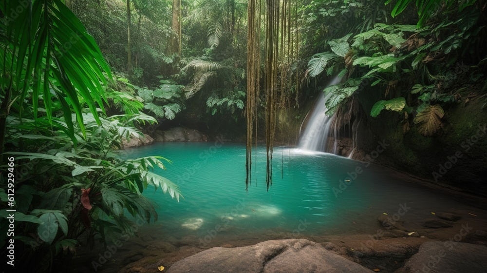 Poster a small pool of water surrounded by lush green trees and a waterfall. generative ai