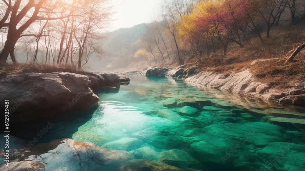 Poster a river running through a forest filled with rocks and trees. generative ai