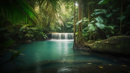 Fototapeta na wymiar a small waterfall in a tropical forest with a blue pool. generative ai