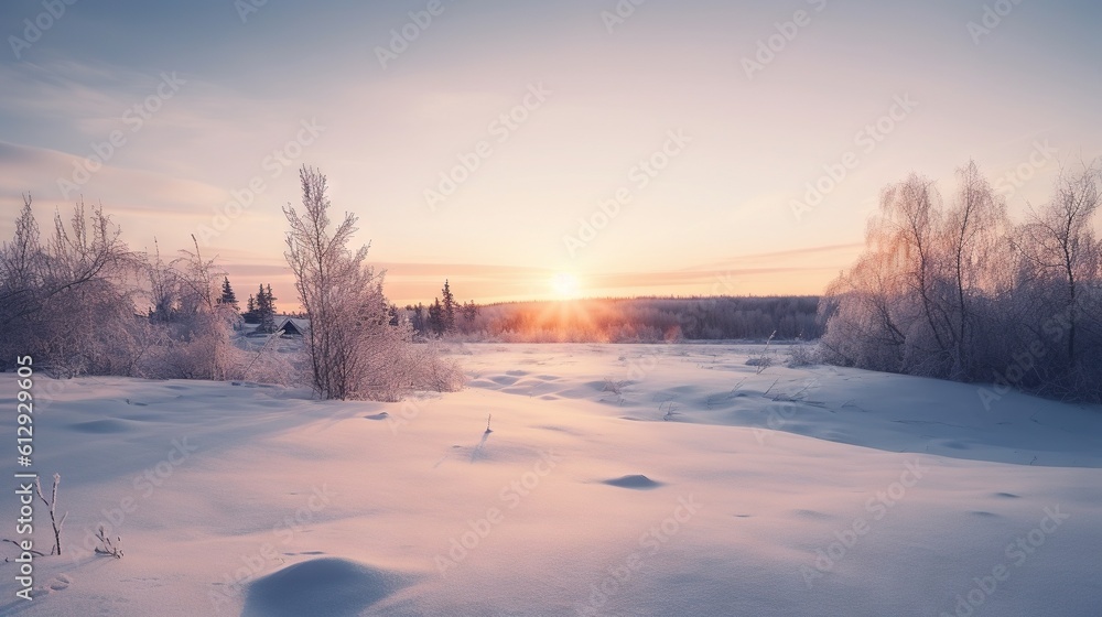 Aufkleber the sun is setting over a snow covered field with trees. generative ai