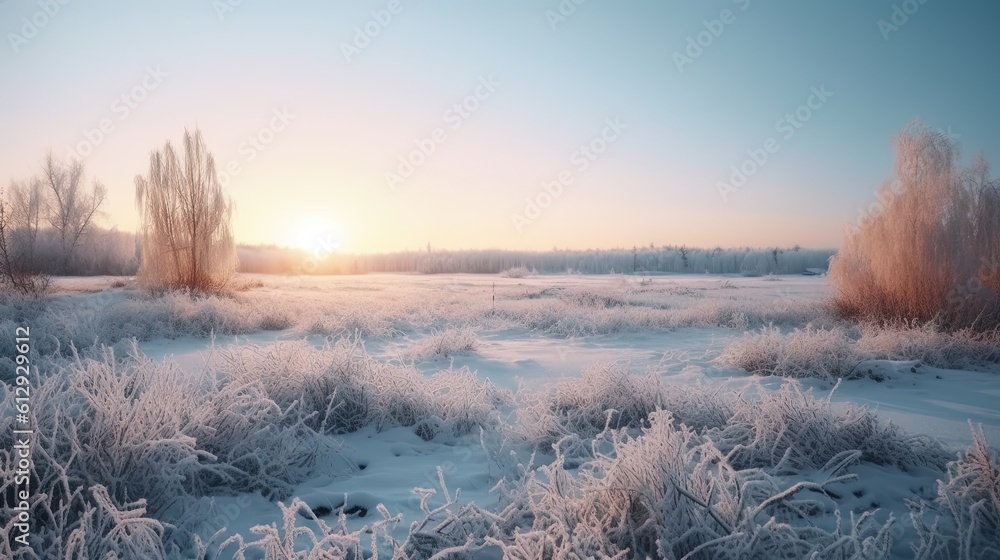 Poster the sun is setting over a snowy field with trees and bushes. generative ai