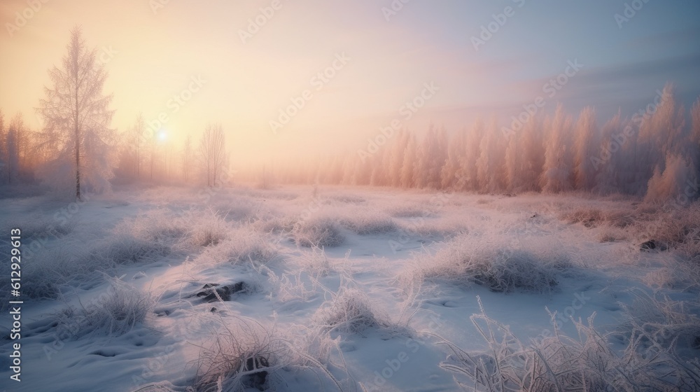 Poster the sun is shining through the trees in the snow covered field. generative ai