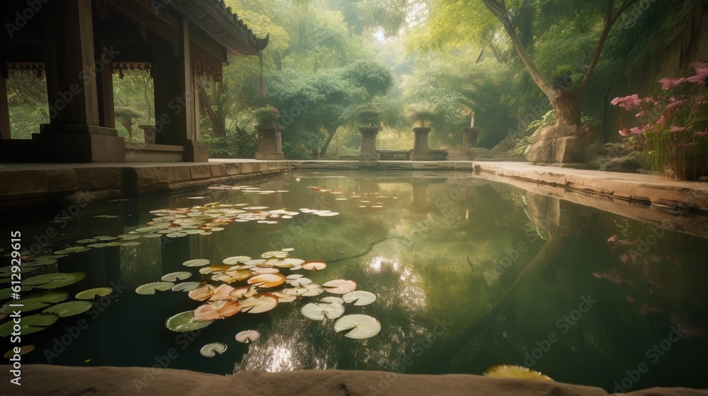 Poster a pond with lily pads in a garden with a pavilion in the background. generative ai
