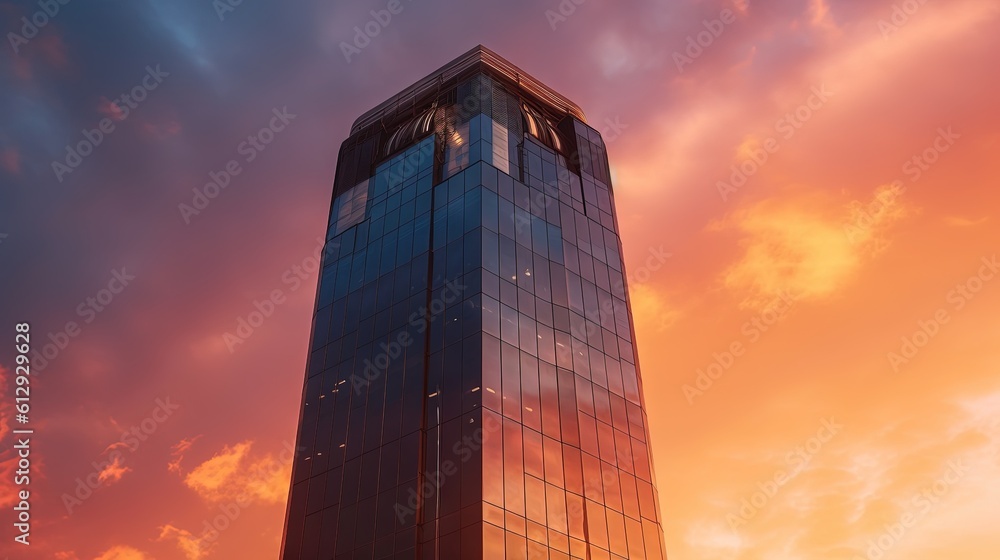 Poster a very tall building with a clock on the top of it. generative ai