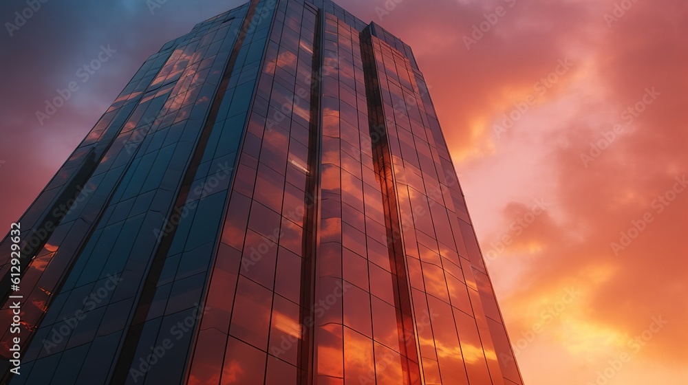 Poster a tall skyscraper with a clock tower in the middle of it, surrounded by a sky with clouds in the bac