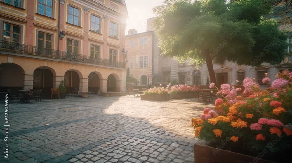 Poster the courtyard of a large building with many flowers in the foreground. generative ai