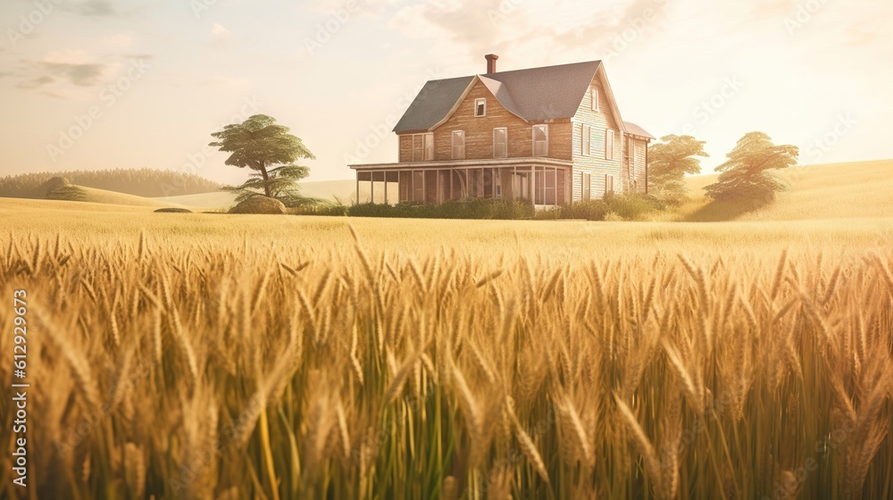 Poster a painting of a house in a field of grass with a tree in the background. generative ai