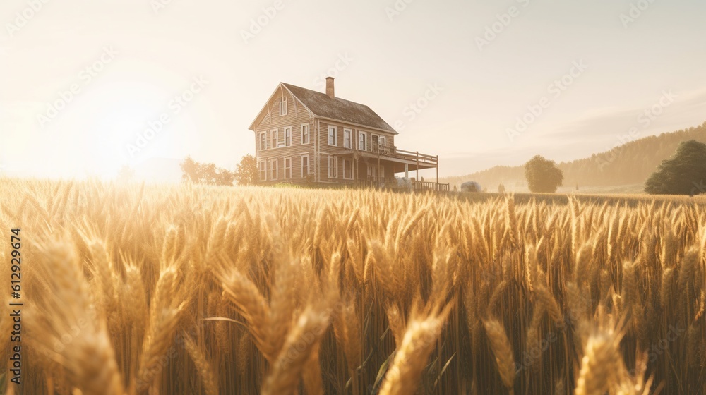 Poster a house in the middle of a field of ripe wheat, surrounded by trees and hills in the background and 