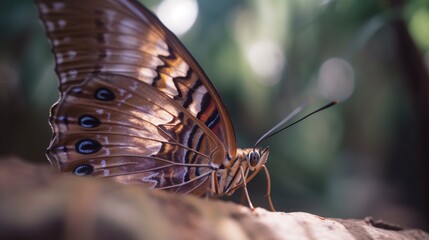 Fototapeta na wymiar a large butterfly sitting on top of a tree branch in a forest. generative ai