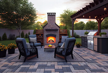 Villa backyard. Patio with chairs; table; and a fireplace and BBQ area for grill party. - obrazy, fototapety, plakaty