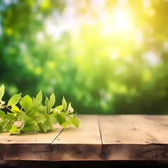 wooden table with lush green leaves with blurred background