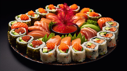 Sushi menu. Roll with salmon, avocado, cucumber. Japanese food. Created with Generative AI