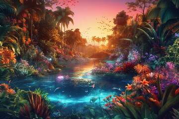 Obraz na płótnie Canvas Nature's Exotic Symphony: Vivid Visuals Showcasing Tropical Plants in Vibrant Harmony - Generative Ai