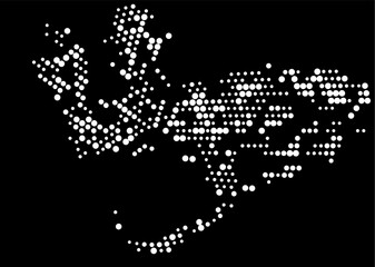 Halftone monochrome dot pattern. Minimalism, vector. White dots on black background. Background for posters, websites, business cards, postcards.