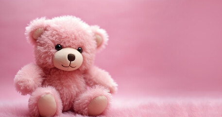 Cute smiling pink teddy bear doll in pink room. Background with shadow reflection. Playful bright pink bear sitting. Teddy bear plush stuffed puppet with ribbon on white backdrop. copy space