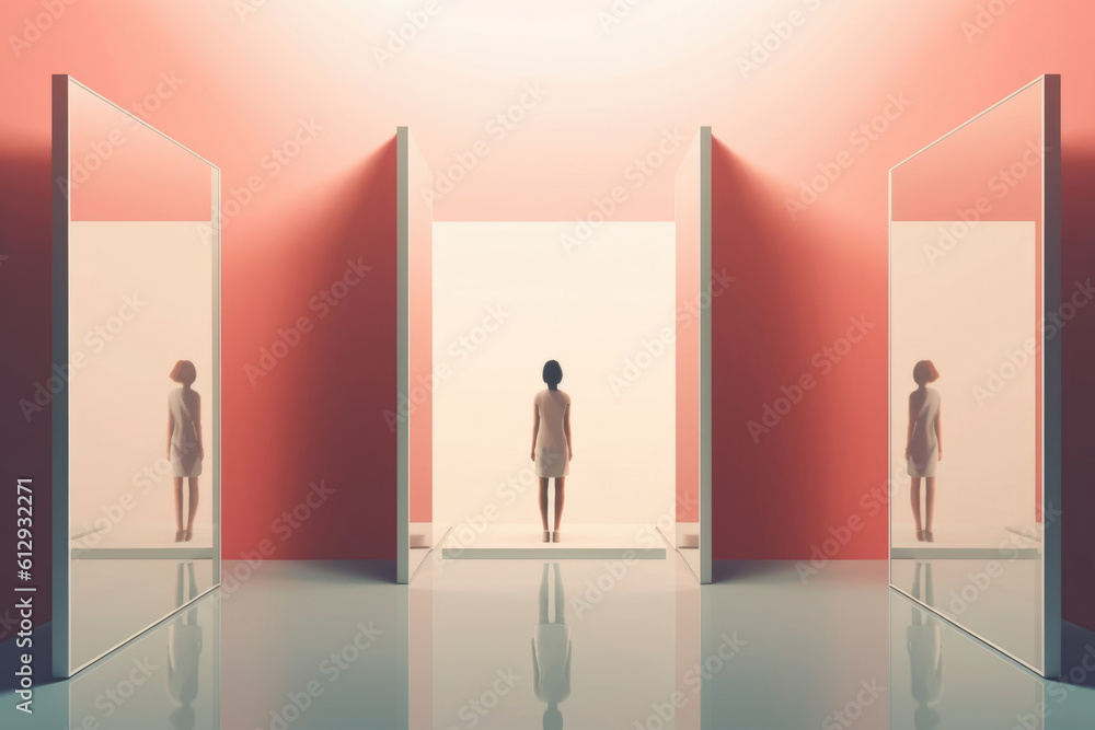 Poster a person is standing in a room filled with mirrors representing a sense of self and the different pe