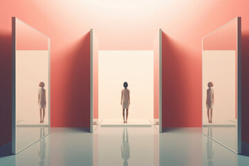 A person is standing in a room filled with mirrors representing a sense of self and the different perspectives Psychology art concept. AI generation - obrazy, fototapety, plakaty