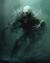 An ancient wraith crawls from the depths of the sea a ghostly creature with long claws Fantasy art concept. AI generation