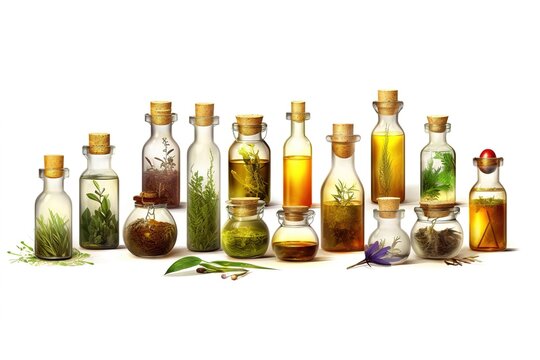bottles with natural oils isolated on white background. Generated by AI.