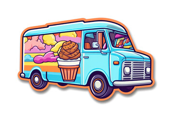 Ice Cream Truck Sticker On White Background. Generative AI