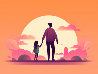 A father and daughter walking handinhand both smiling. Psychology art concept. AI generation