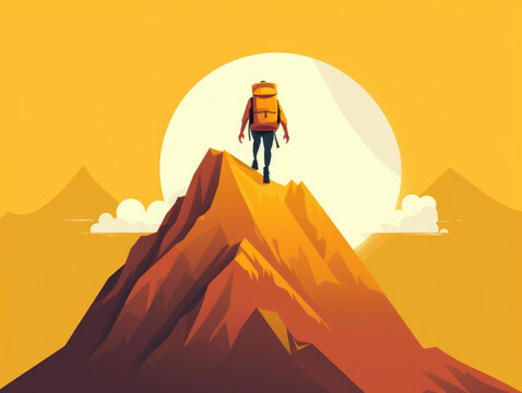 An Individual Is Trying To Climb A Steep Mountain With A Heavy Backpack Symbolising The Difficulty Of Trying Psychology Art Concept. AI Generation