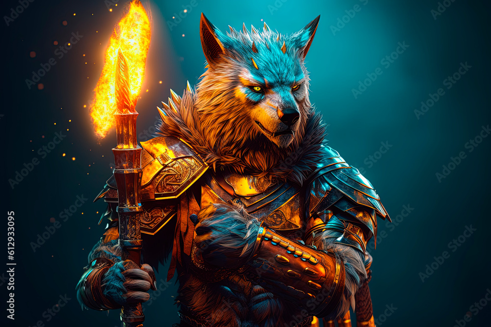 Wall mural Wolf character in armor holding a spear popul. Generative AI