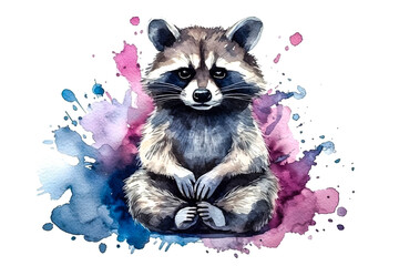 Fototapeta na wymiar watercolor artwork featuring a raccoon in a meditative pose ai generation Generative AI