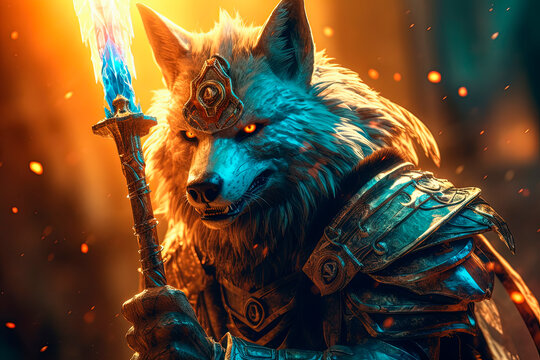 Wolf character in armor holding a spear popul. Generative AI