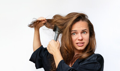 Fototapeta premium Brunette woman combing styling dry damaged weak hair on a white background.