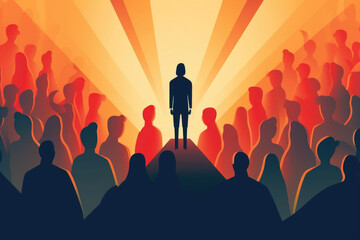A person with social anxiety a spotlight shining brightly on them in a huge crowd. Psychology art concept. AI generation