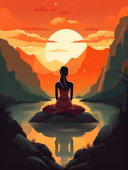 A young girl meditating on a mountain surrounded by nature. Psychology art concept. AI generation