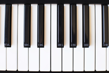 Naklejka premium Synthesizer keys black and white background with copy space for your text. Piano octave close up