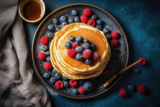 Plate with tasty thin pancakes or crepes on kitchen table, AI Generative