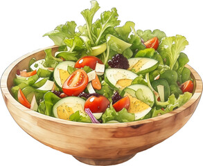 Watercolor illustration vegetable salad in a wood bowl , created with generative AI