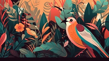 Tropical wallpaper background illustration with plants and birds. Generative AI