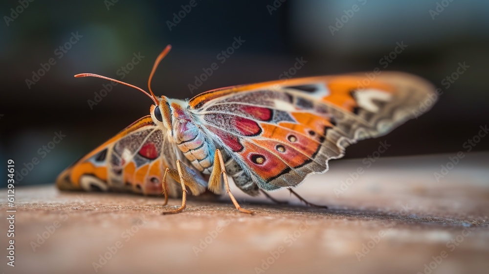 Poster a close up of a colorful butterfly on a table top. generative ai