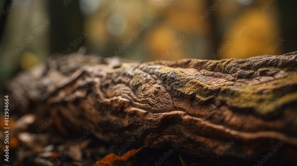 Poster a close up of a tree trunk in a forest with leaves on the ground. generative ai