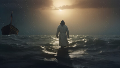 Jesus Christ Easter Illustration walking on water, Generative AI